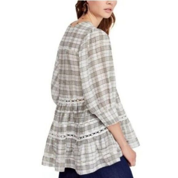 Free People Top Tunic Tiered Ruffle Lace Puff Sleeve Oversized Plaid Gray Sz XS - Picture 14 of 15